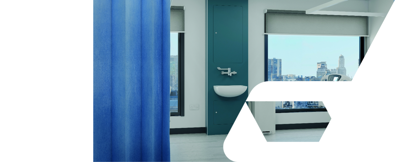 Commercial washroom with teal panelling, a blue curtain and a city view